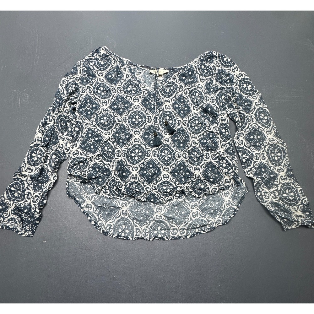 Love Stitch Womens S Blue White Medallion Print Long Sleeve Boho Blouse Tassel